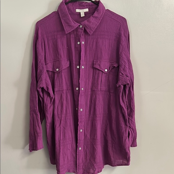 Woman Within Purple Casual Button Down Shirt - Picture 1 of 6